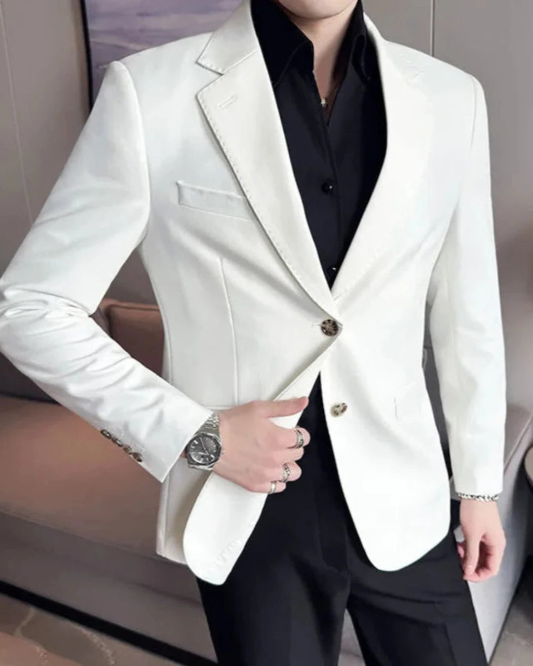 Blazer Enzo homme, blanc, simple et double boutonnage, style Old Money.