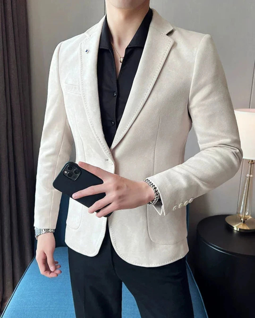 Blazer Mathéo homme, couleur abricot, stylé et polyvalent, bouton unique, matière élasthanne.