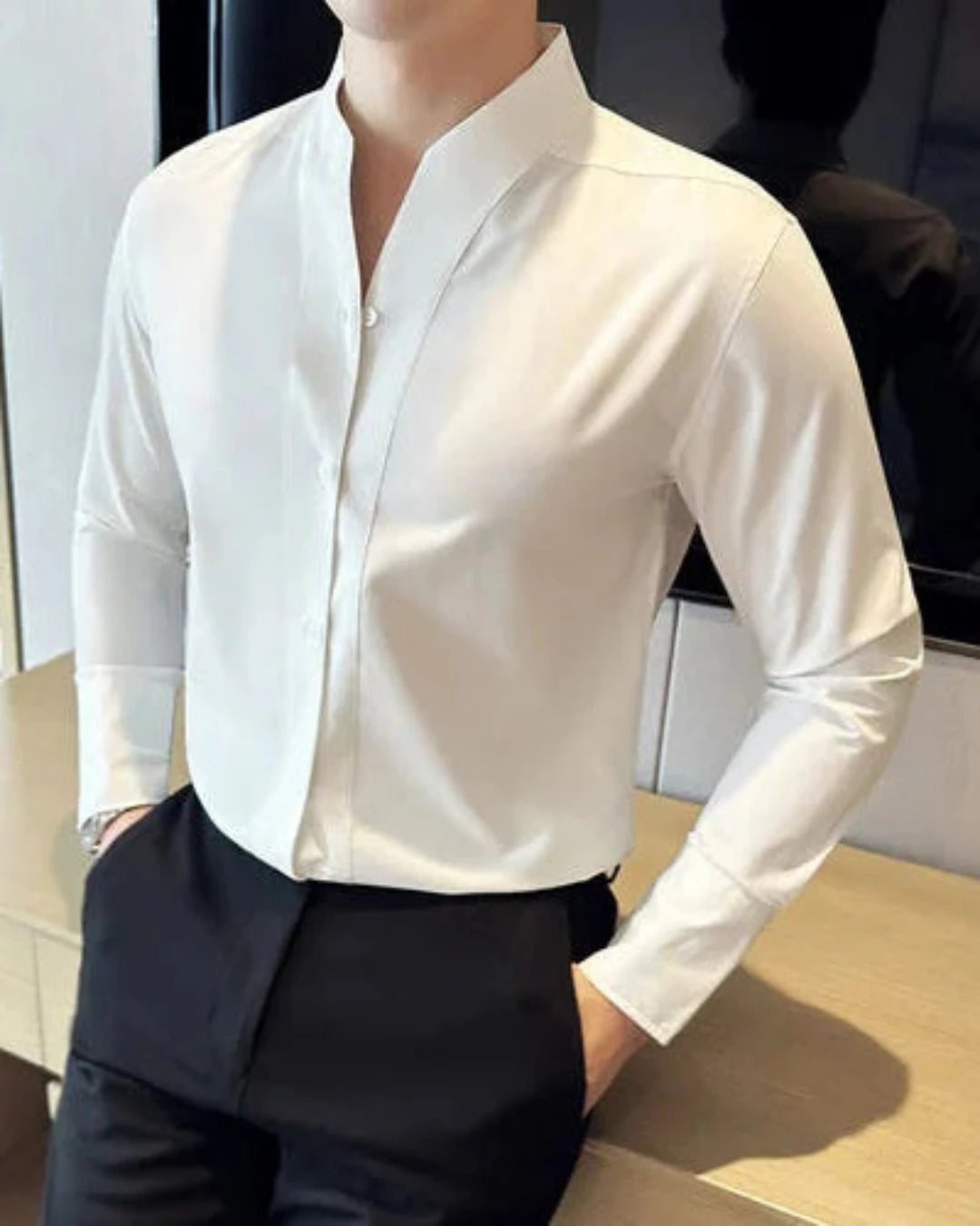 Chemise Axel homme, blanc, chemise de costume élégante avec boutonnage simple, style Old Money.