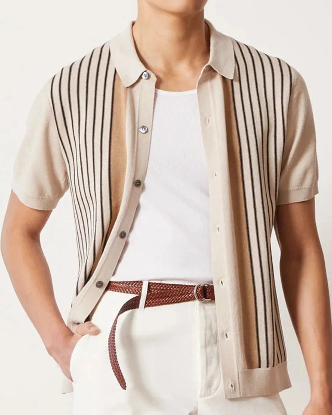 Chemise Camille homme, couleur abricot, viscose légère et rayée.