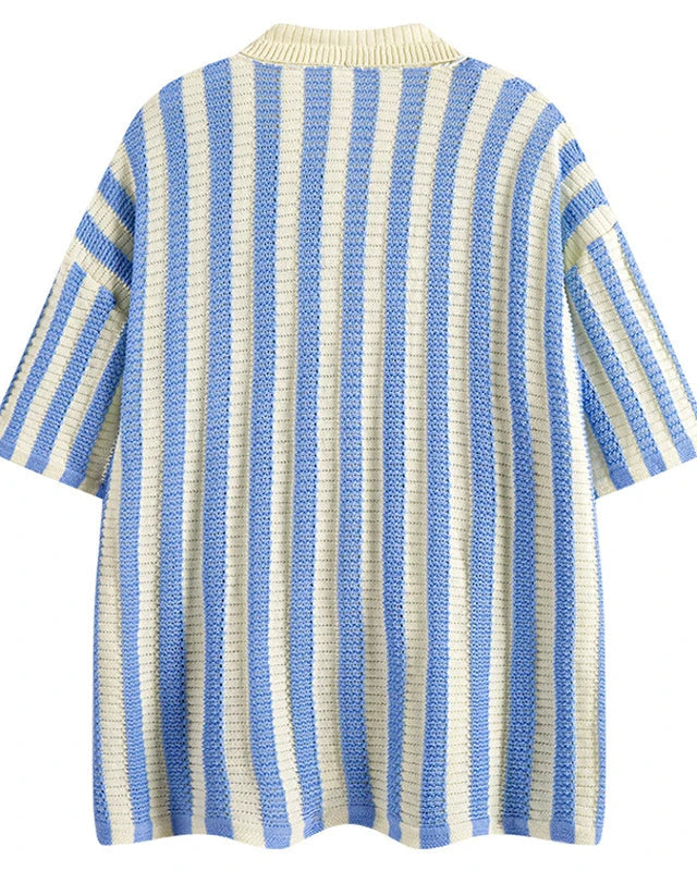 Chemise bleu clair en polyester tricoté, ouverture complète, style Old Money.