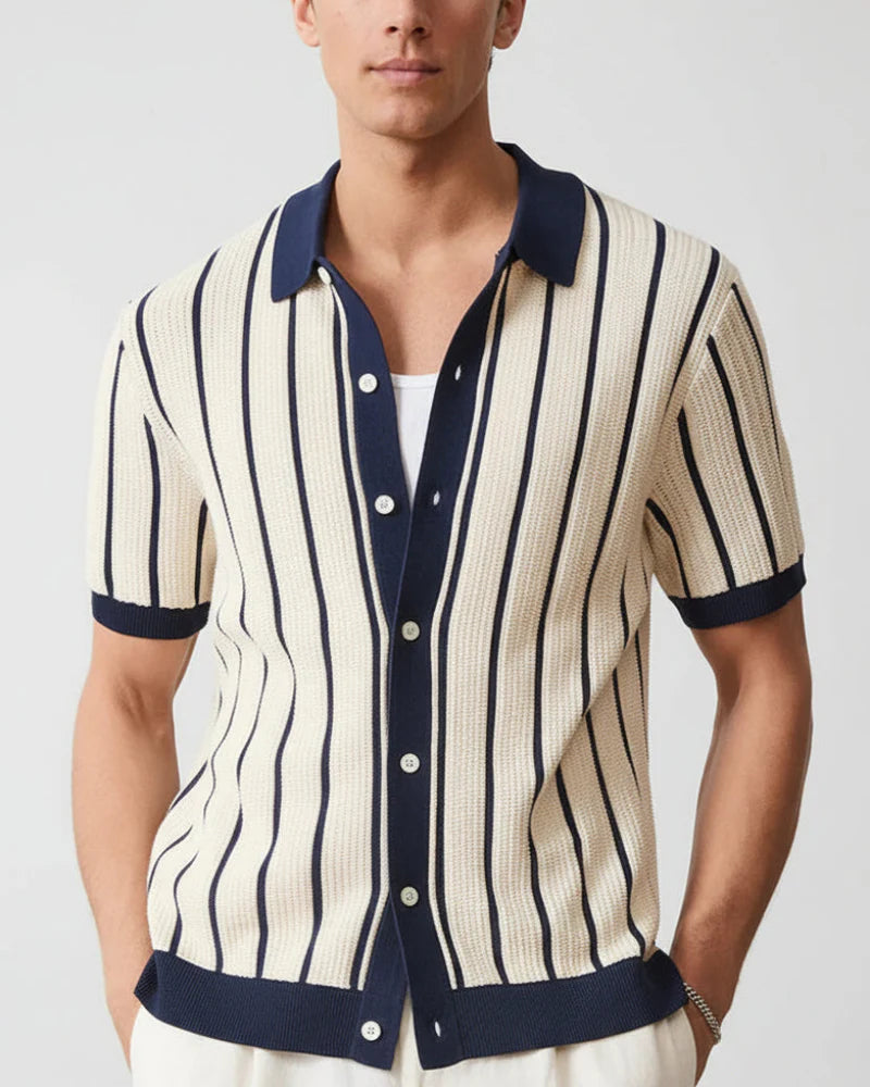 Chemise Maxence pour homme en viscose beige, manches courtes, col rabattu.