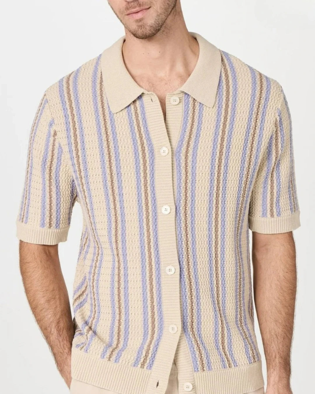 Chemise Timothée homme rayée multicolore, col rabattu et manches courtes.