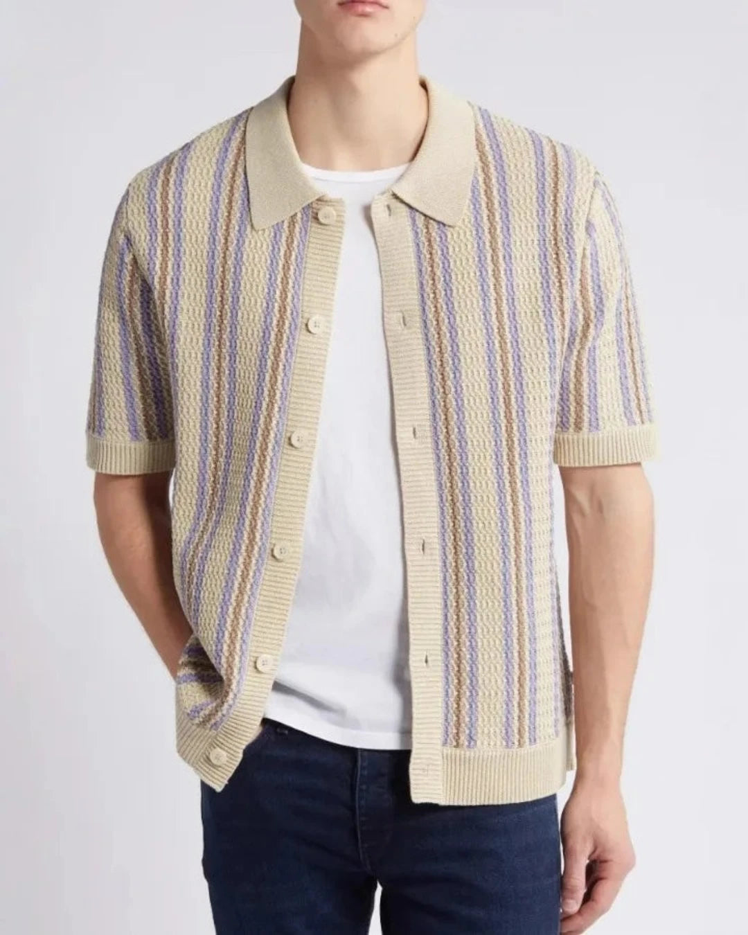 Chemise printemps été homme à rayures colorées, polyester tricoté.