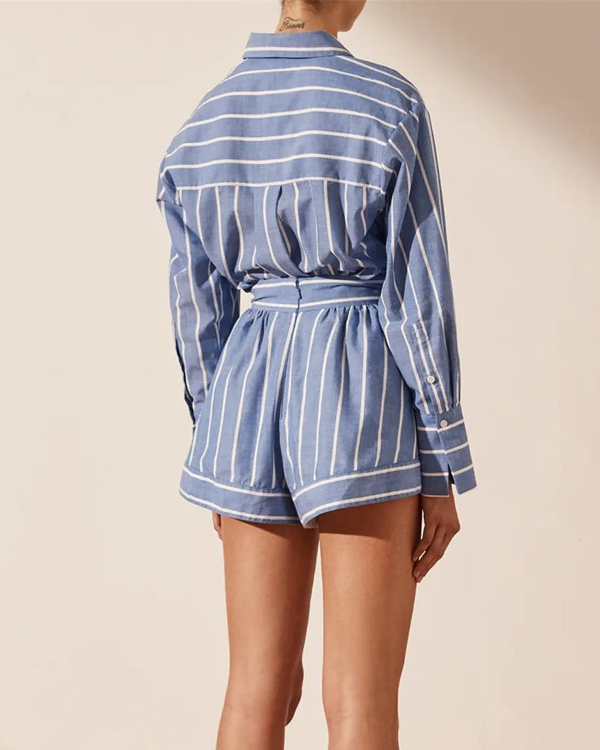 Ensemble femme coton/polyester, col rabattu et manches longues.