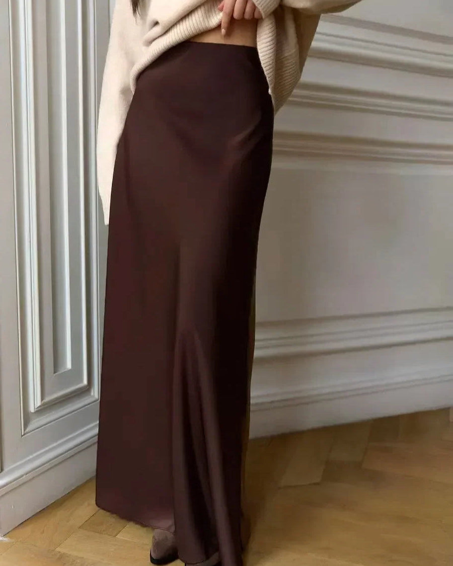 Jupe Anna couleur café pour femme, longueur mi-mollet avec légère extensibilité.