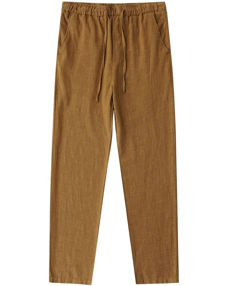 Pantalon en coton lin homme café, parfait pour un style chic décontracté.