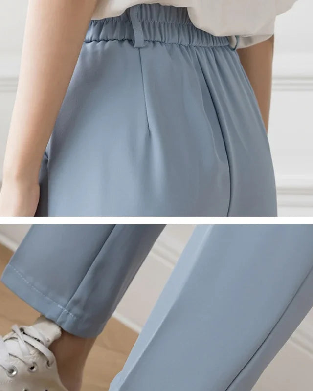 Pantalon Cléore bleu, coupe régulière pour femme, style Old Money.