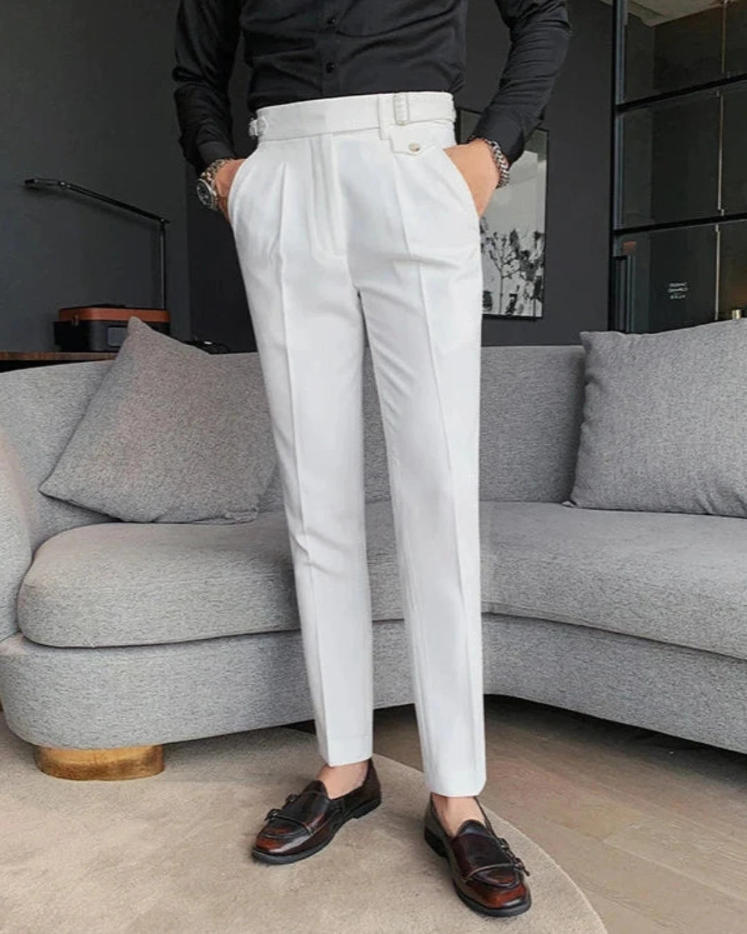 Pantalon Thomas homme, blanc, coupe costume parfaite pour un look soigné.
