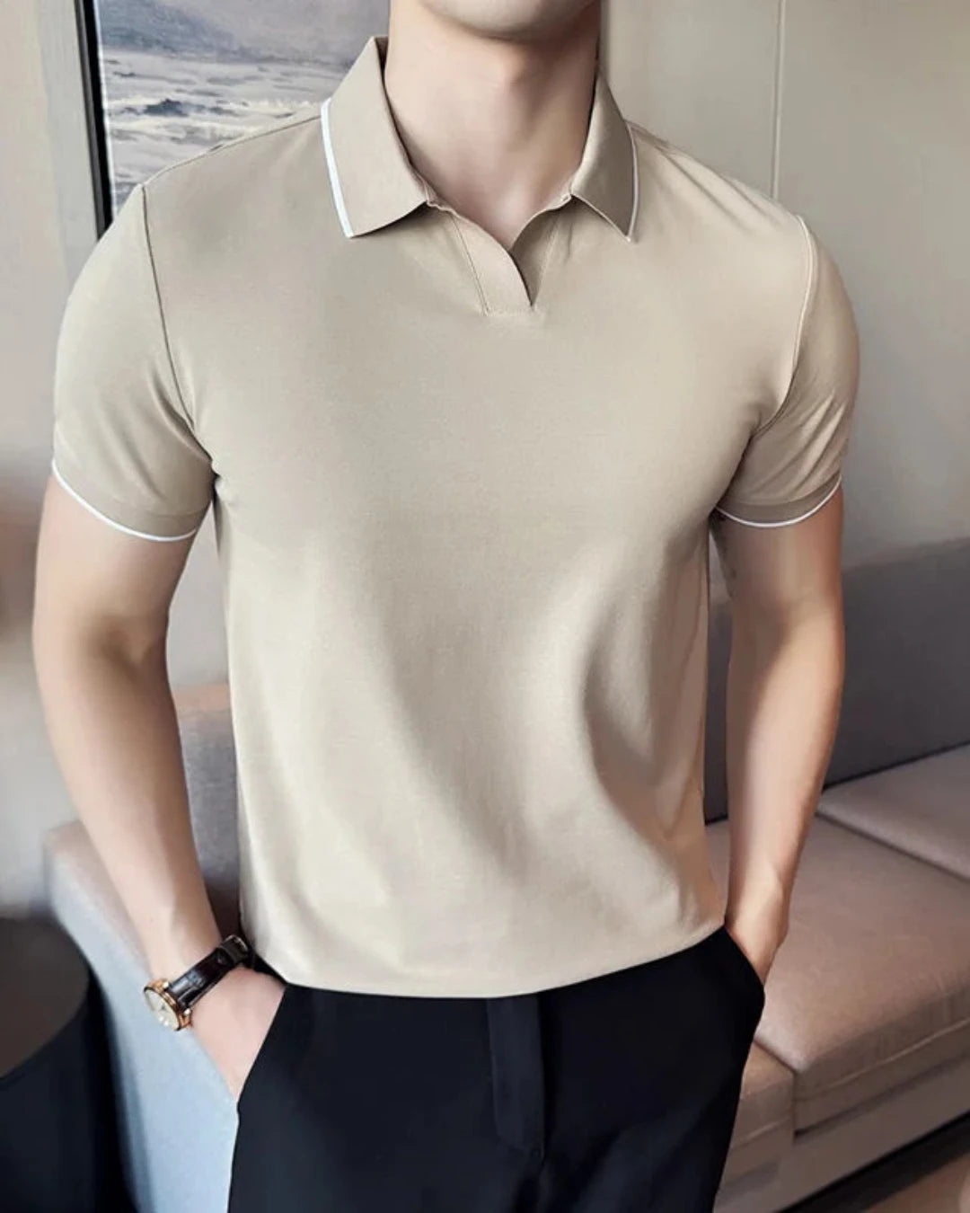 Polo Anas homme, beige, coupe classique et élégance intemporelle.