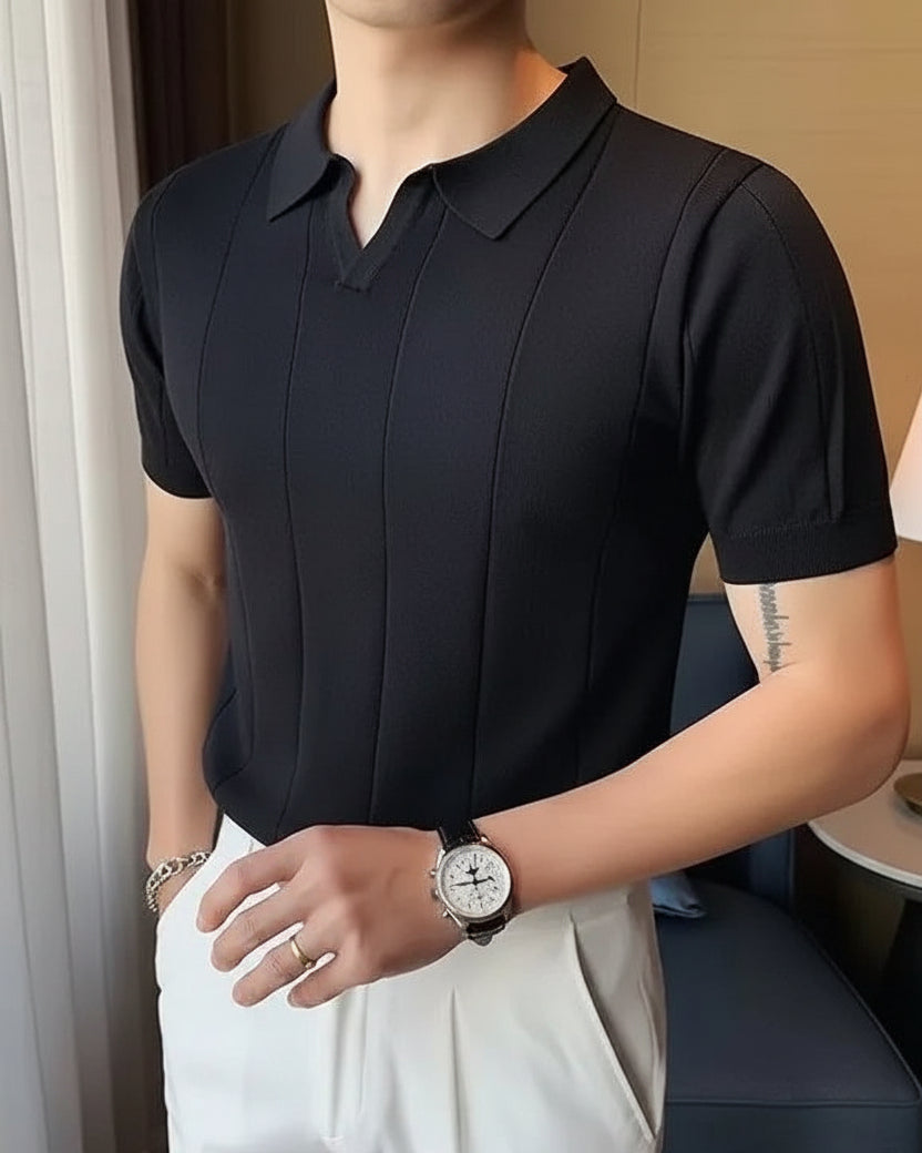 Polo Leo noir homme, luxe et élégance intemporelle, style Old Money, soie glacée.