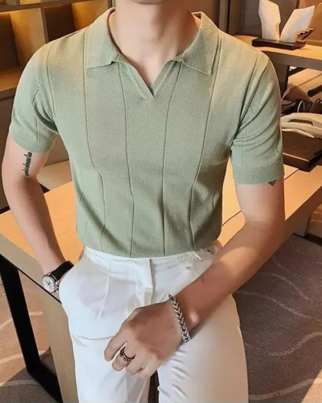 Polo Leo vert homme, en soie glacée de haute qualité, matière respirante, style Old Money.