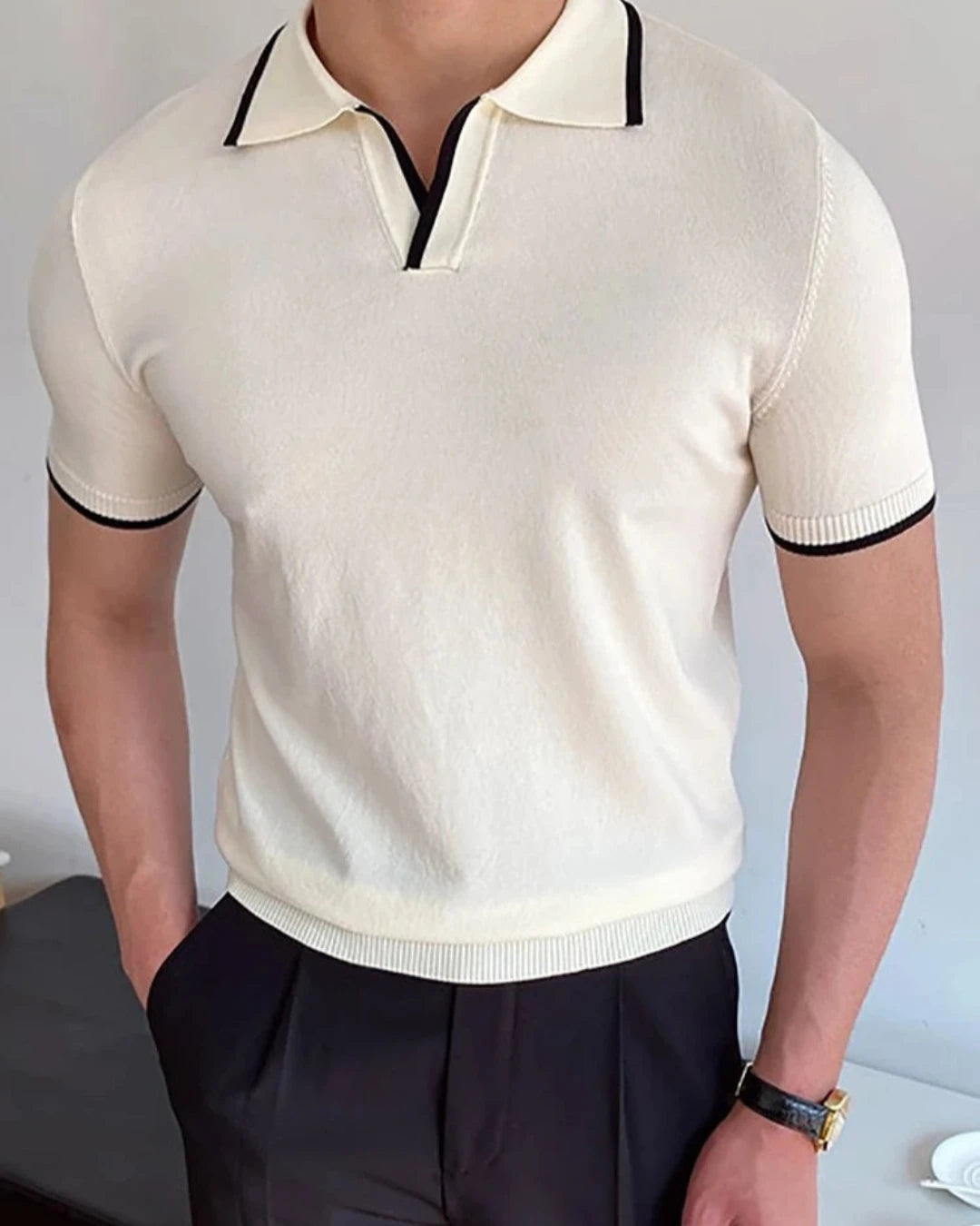 Polo Nathan blanc homme, luxe et confort, style Old Money, tissage artisanal.