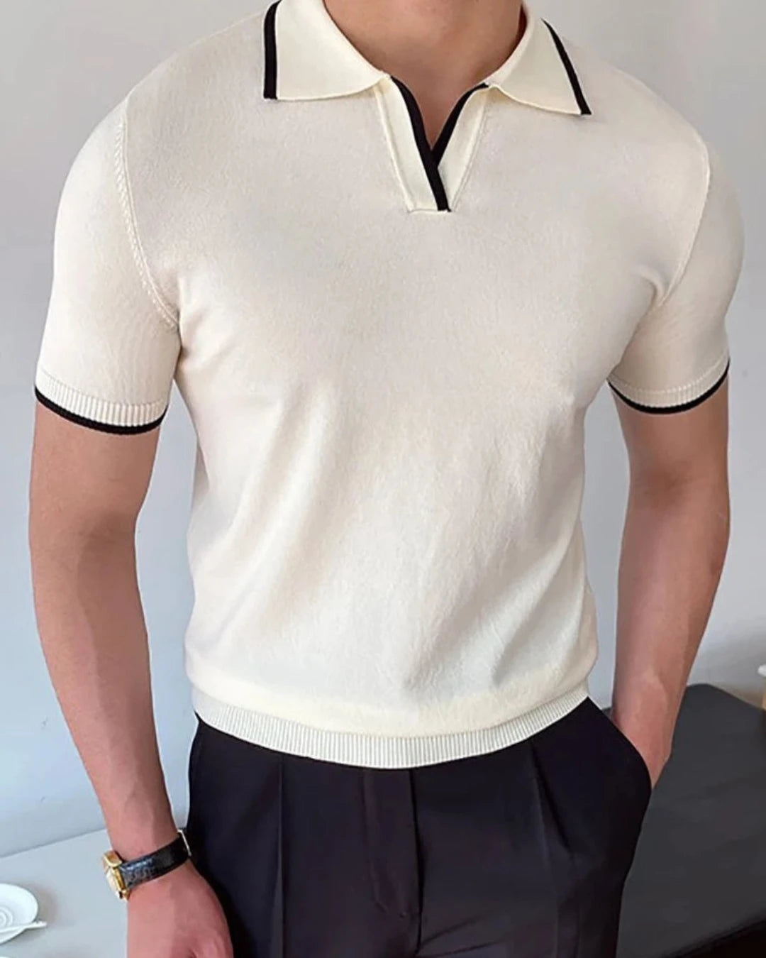 Polo Nathan blanc homme, 100% fibre de coton, tissage artisanal, style Old Money.