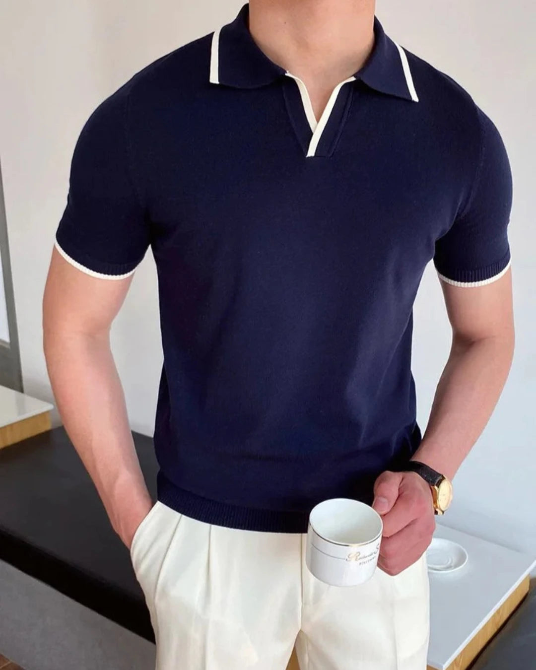 Polo Nathan bleu foncé homme, fibre de coton 100%, tissage artisanal, style Old Money.