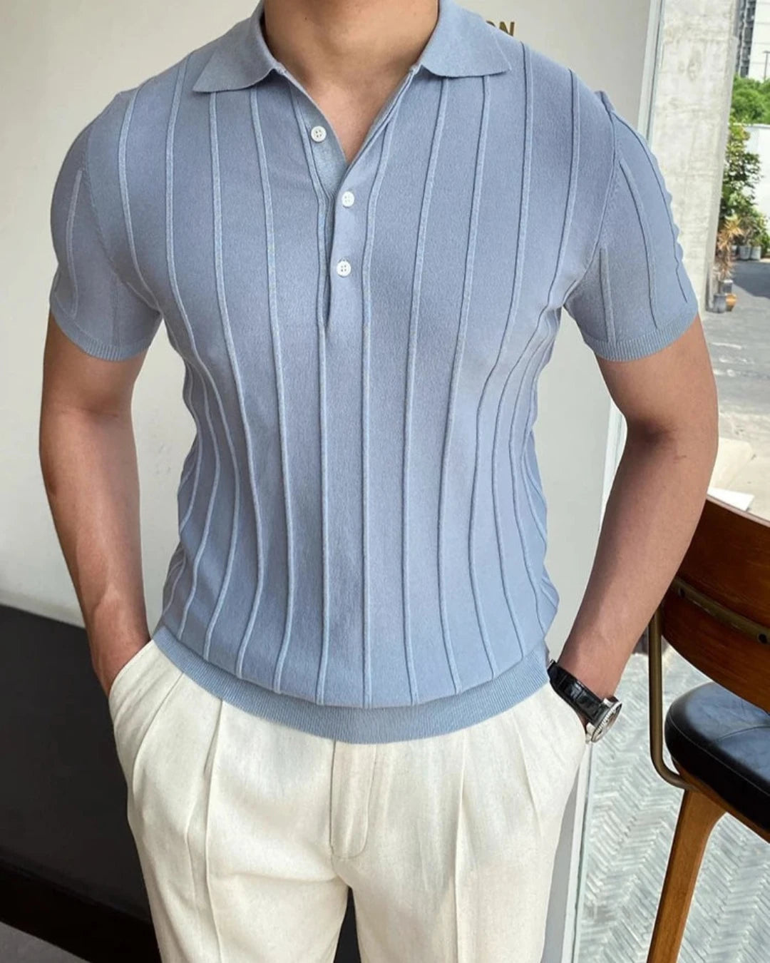 Polo Nathan bleu homme, tissage artisanal, confort respirant, fibre de coton.