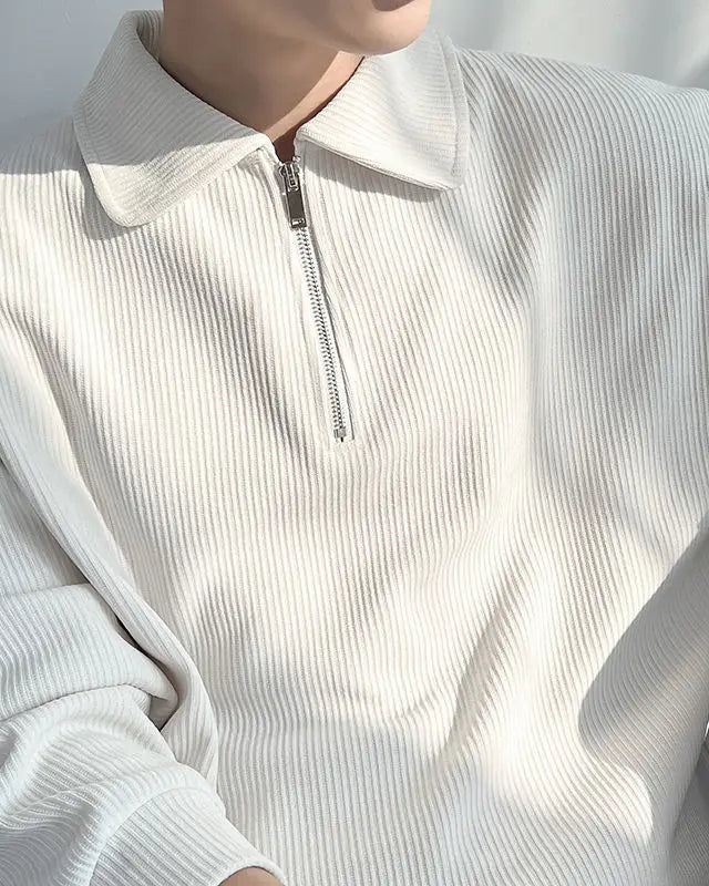 Pull Christian homme, blanc, style Old Money, fermeture éclair.