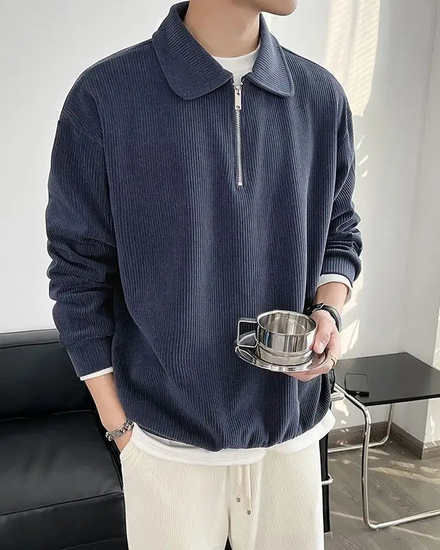 Pull Christian homme, bleu royal, haut de gamme, fermeture éclair, style Old Money.