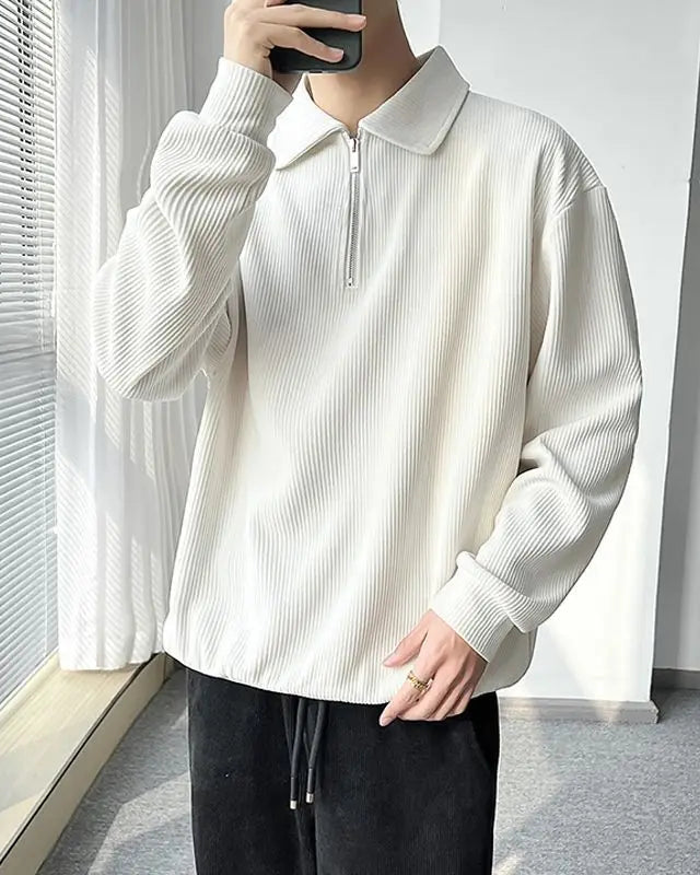 Pull Christian homme, blanc, style Old Money, fermeture éclair.