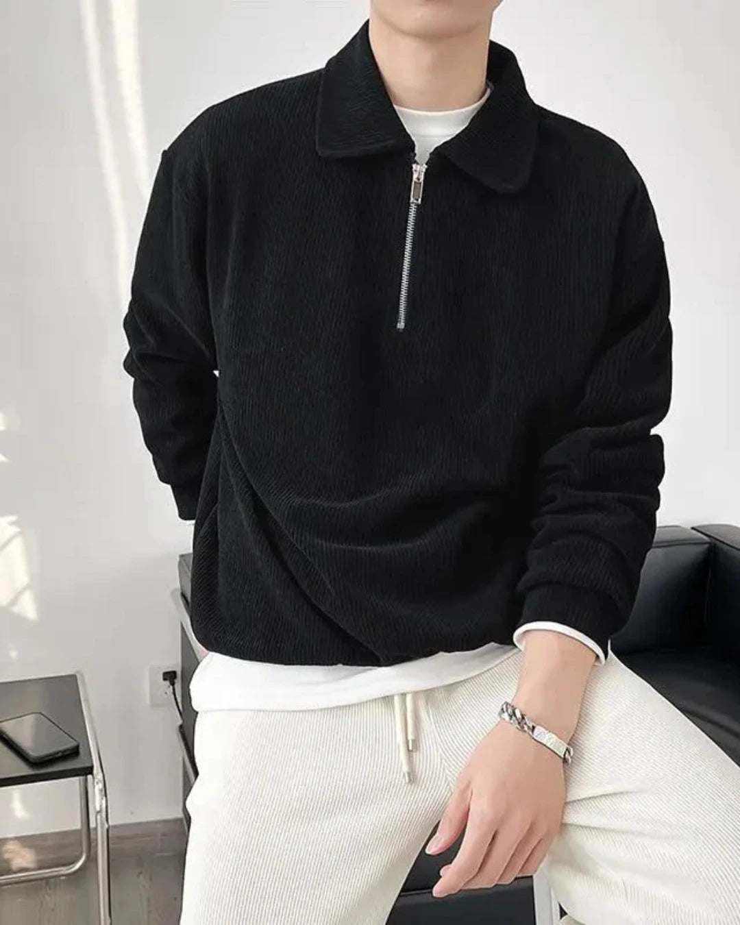 Pull Christian homme, noir, élégance Old Money, fermeture éclair.