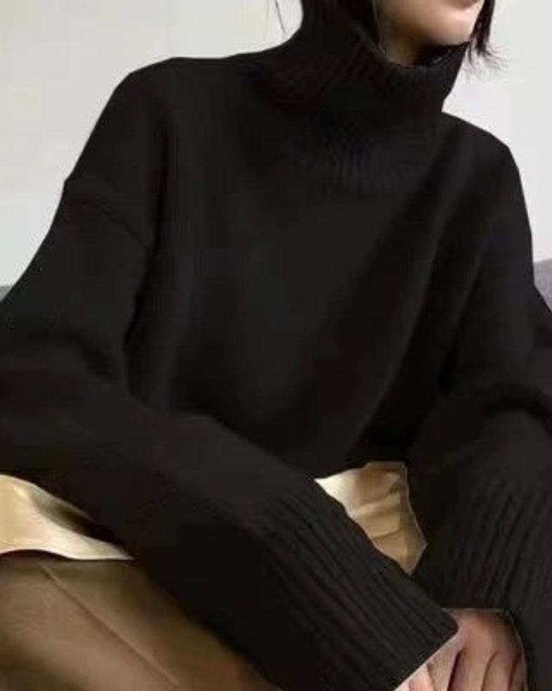 Pull Colette noir femme, cachemire de luxe avec col roulé élégant.
