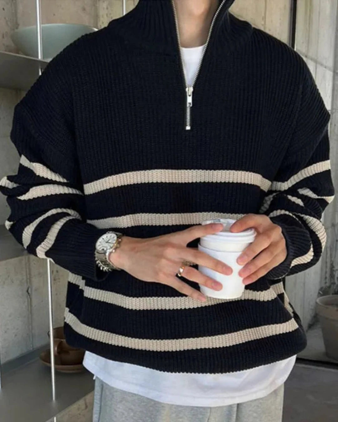 Pull Samuel noir pour homme, laine tricotée, col roulé, style Old Money intemporel