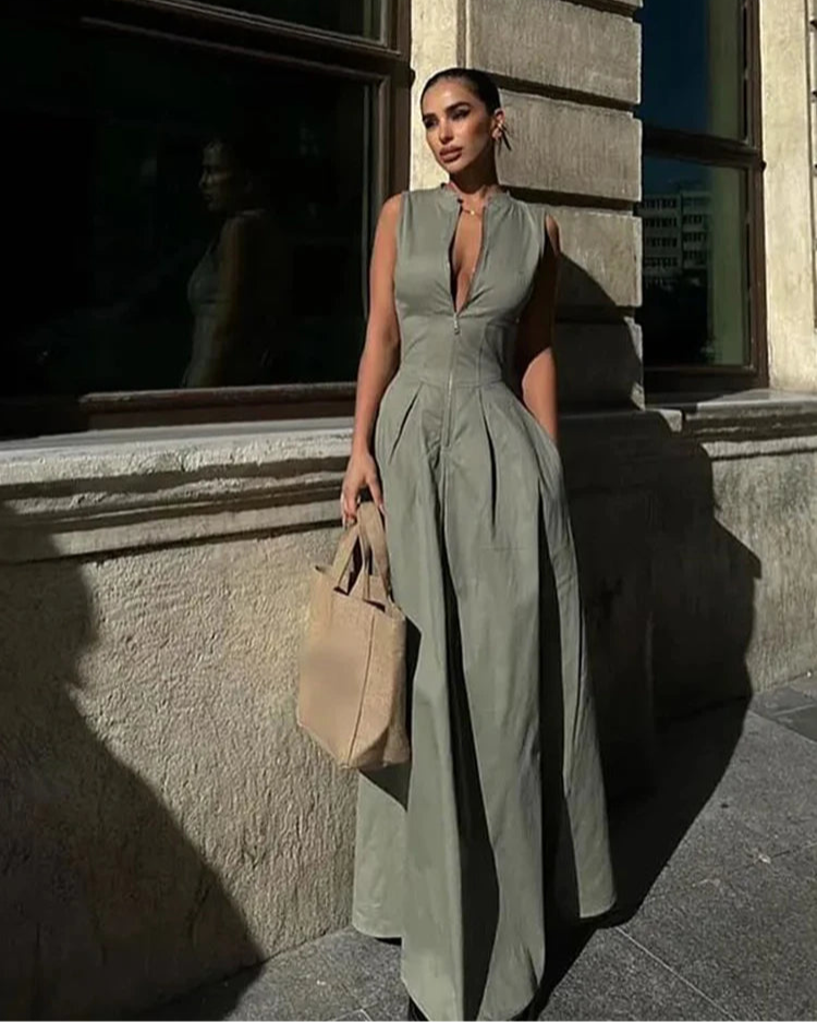 Robe Sidonie vert haricot femme, robe longue chic et sophistiquée.