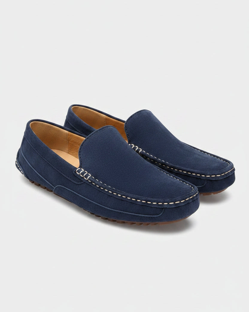 Mocassins Charles bleu homme, cuir de vache véritable, style Old Money.