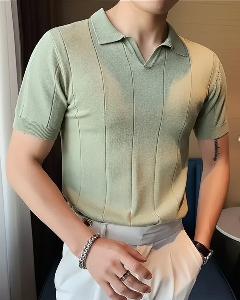 Polo Leo noir homme, texture en soie glacée, respirant et élégant, haute qualité.
